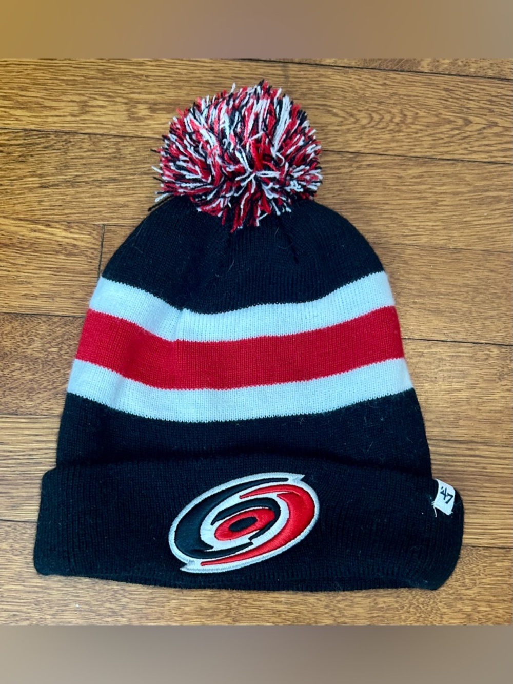 47 Kids Black Red White Pom Beanie - NHL Hurricanes Inspired